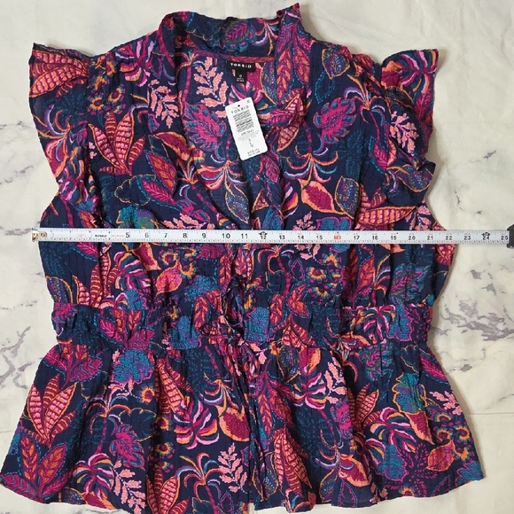 Torrid Vibrant Multicolor Ruffle V-neck Tie Front Blouse - Picture 3 of 7